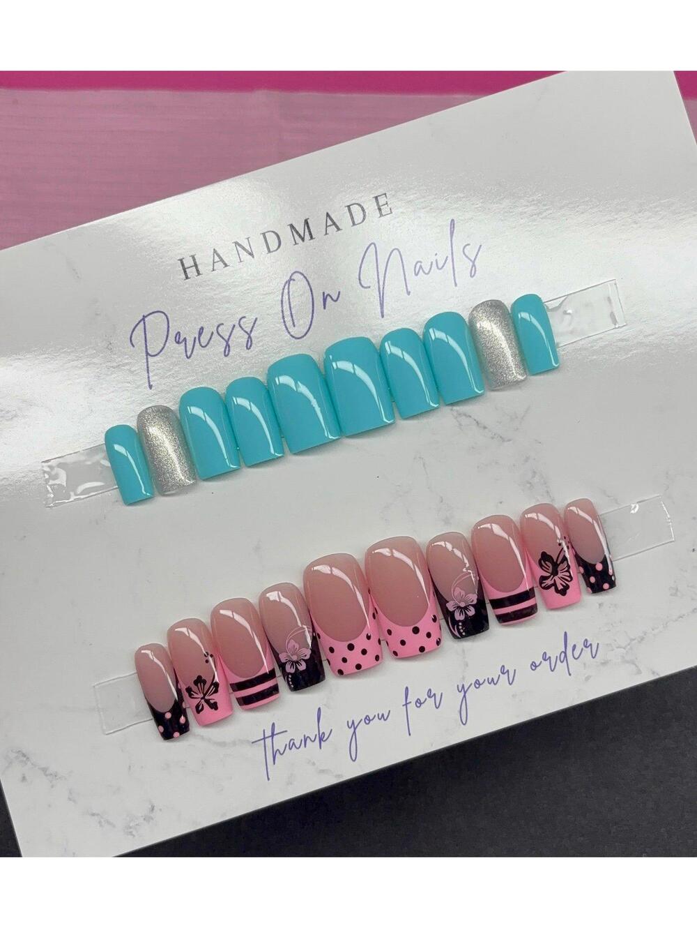 Short square and medium square press on nails spring pink black teal silver